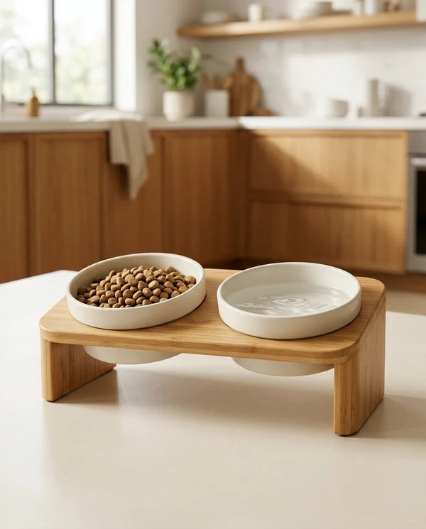 ZenBowl™ Ergonomic 15° Tilted Ceramic Double Pet Bowl Set with Water-Resistant Bamboo Stand